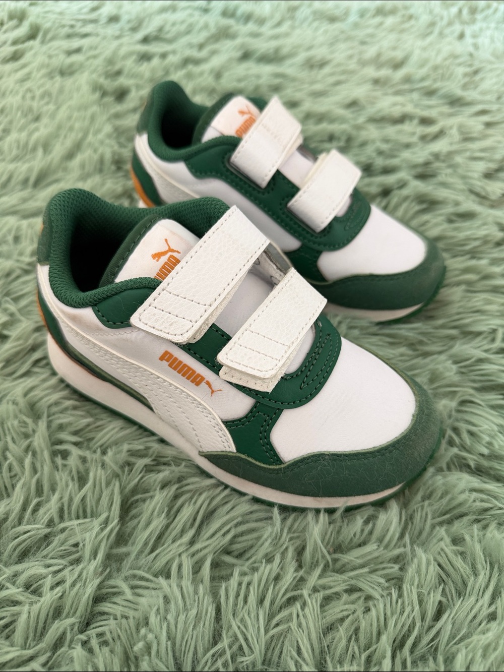 Puma Kids White and Green Velcro Athletic Sneakers